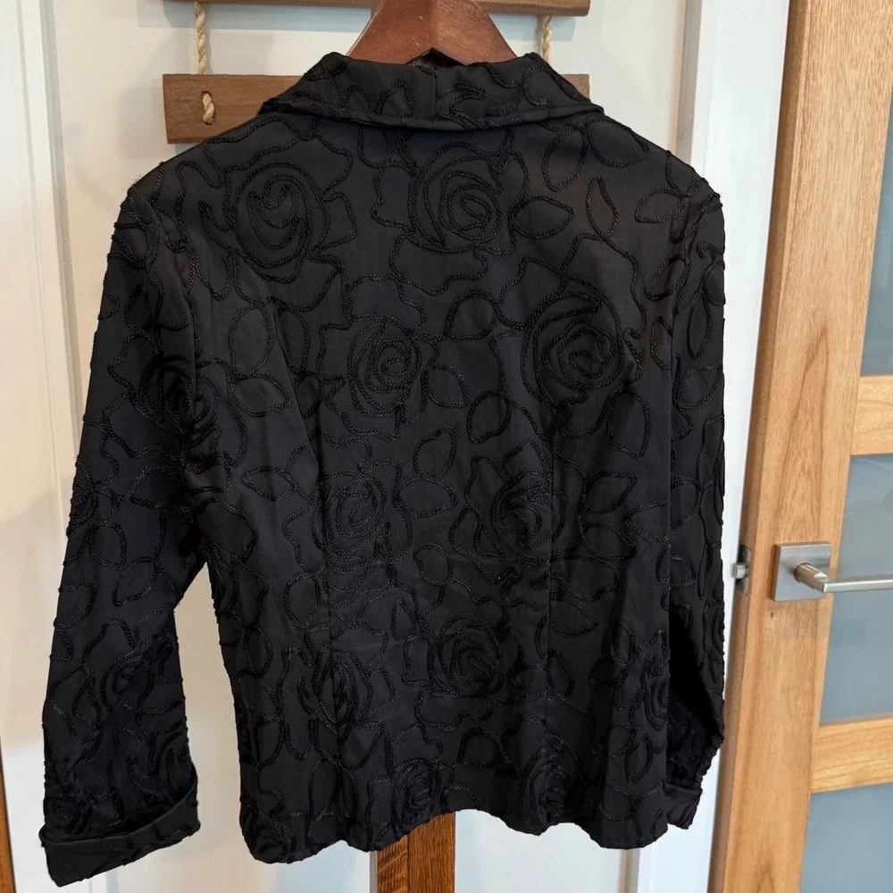 Samuel Dong Black Soutache Floral Rose Zip Up Jacket Womens Medium Textured Coat